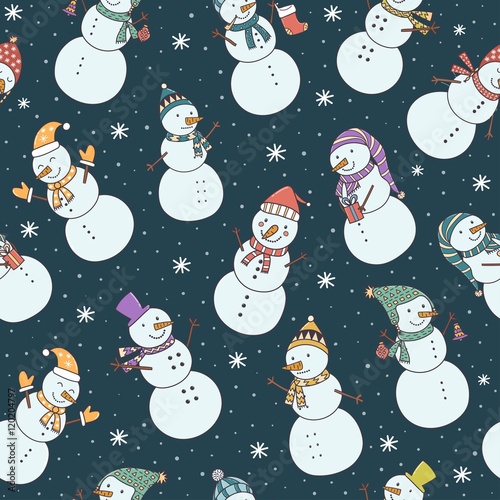 Materiał do szycia Weihnachten Musterdesign mit niedlichen Schneemänner und Schneeflocken