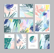 Set of creative universal floral cards in tropical style. Vector