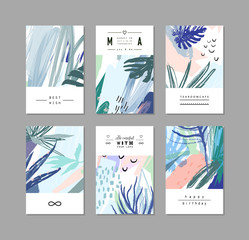 Wall Mural - Set of creative universal floral cards in tropical style. Vector
