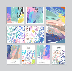 Wall Mural - Set of artistic creative universal cards. Hand Drawn textures. Vector