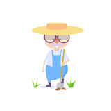 Fototapeta Dinusie - Farmer holding a shovel and digs the ground. Vector illustration