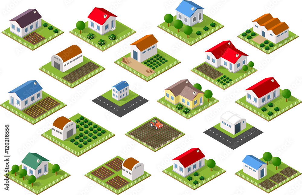 Isometric icon rural countryside with houses, gardens, parks for Web ...