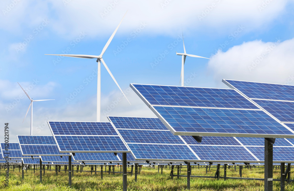 solar photovoltaics  panel and wind turbines generating electricity green energy renewable 