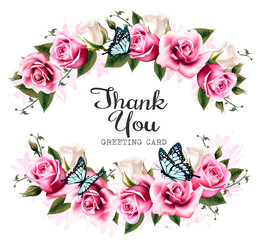 Poster - Thank You background with beautiful roses and butterflies. Vecto