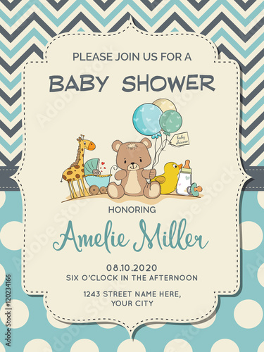 Fotografía Beautiful baby boy shower card with toys