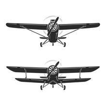 Old Retro Vintage Airplanes Emblem, Icon, Label. Monoplane And Biplane Vector Illustration.