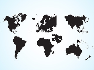 the continents of the planet earth. asia, europe, australia, middle east, africa, north america, sou