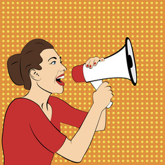 Wall Mural - Pop art girl with megaphone. Woman with loudspeaker.Girl announcing discount or sale.Shopping time.Protest, meeting, feminism, woman rights, woman protest, girl power. Pop art background,Special offer