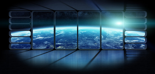 Wall Mural - View of the planet earth from a huge spaceship window 3D renderi
