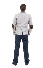 Wall Mural - back view of Business man  looks.  Rear view people collection.  backside view of person.  Isolated over white background.  Sad man looking upward with his hands in his pockets.