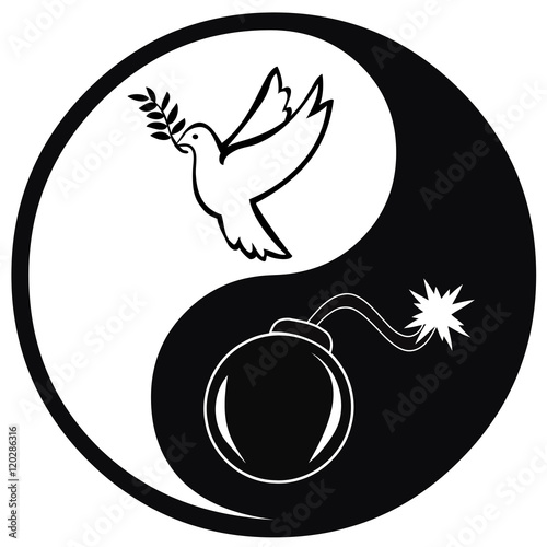 Peace and War. Symbol and concept sign for pacifism versus warfare