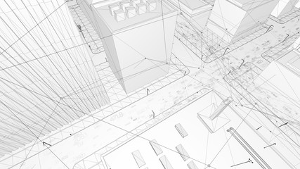 Poster - abstract 3d city rendering with lines and digital elements. skyscrappers with wireframe texture and 