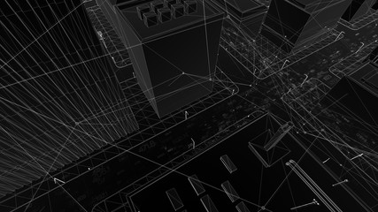 Poster - abstract 3d city rendering with lines and digital elements. skyscrappers with wireframe texture and 