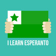 I learn esperanto vector flat design illustration with man's hands holding green flag.