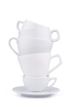 Vertical Pile Of Many White Coffee Porcelain Cups Isolated