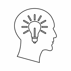 Poster - Light bulb inside a head icon in outline style on a white background vector illustration