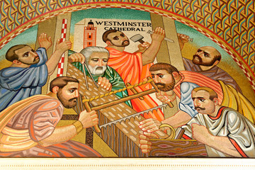 Westminster Cathedral, London, England. The Chapel of St. Joseph in Westminster Cathedral. Scene of workers building the cathedral.