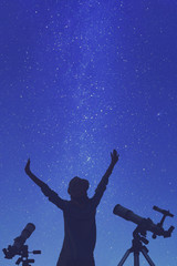 Wall Mural - girl enjoying starry skies with telescopes beside her.