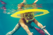 Funny Child Diver With Colorful Diving Accessories Swimming Underwater In Sea. Summer Vacation Concept.