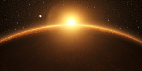 Wall Mural - venus. cinematic and very realistic sunrise seen from space on venus, 3d rendering.