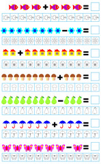 Exercises for children - need to solve examples and paint the corresponding number of objects. Developing skills for counting and coloring. Vector image.
