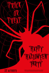 Halloween background on holiday party trick or treat with monster spider on web. Letters in retro cartoon style. Vector illustration