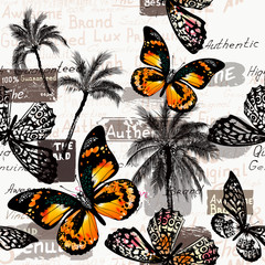 Fototapete - Vector pattern with butterflies and palm trees for design