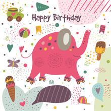 Cute Hand Drawn Doodle Postcard With Elephant