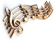 Golden music notes and treble clef on musical strings isolated o