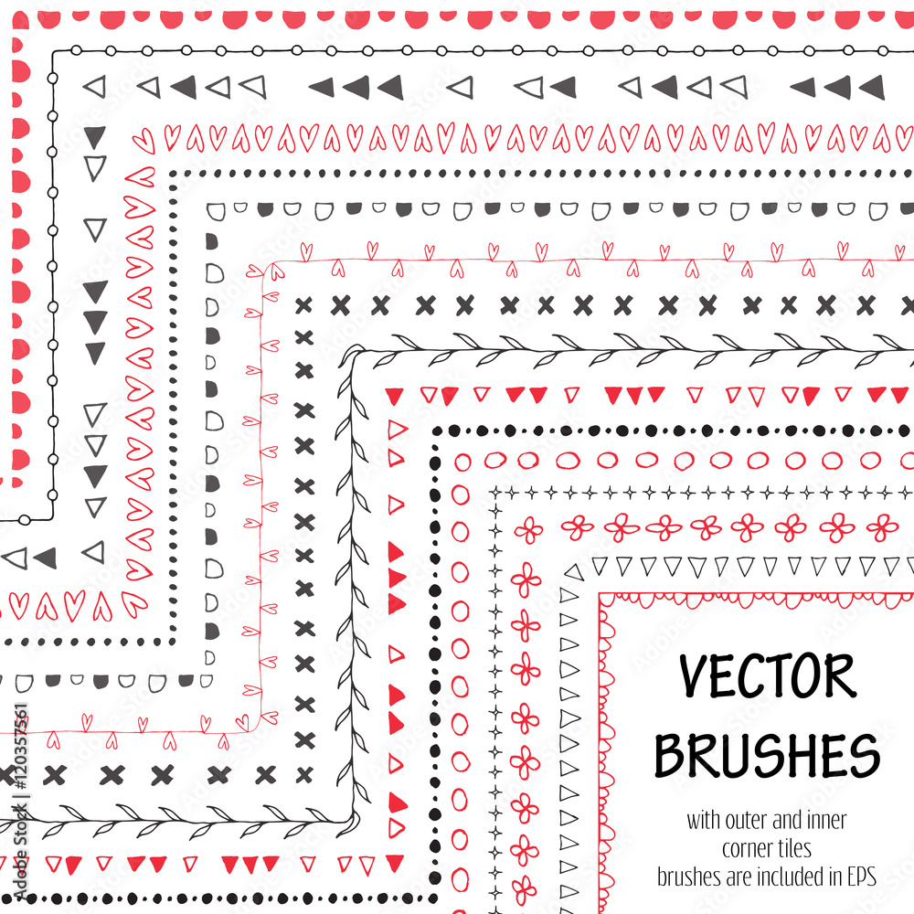 Borders Pattern Brushes Hand drawn decorative vector brushes with inner and outer corner tiles ...