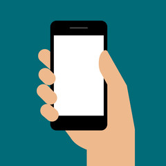 Mobile phone in hand. Hand holding smartphone. Vector illustration