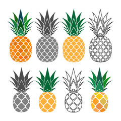 Wall Mural - pineapple with leaf icons set. tropical fruits isolated on white background. symbol of food, sweet, 