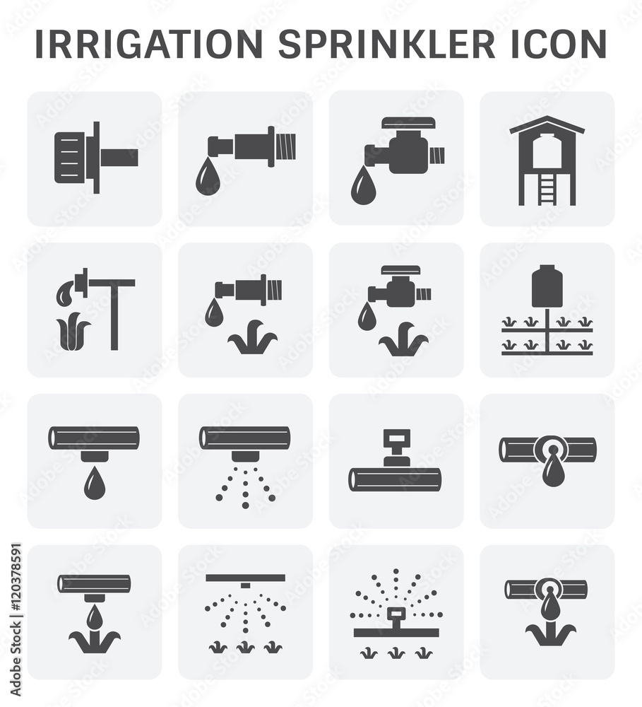 Irrigation system and watering by sprinkler vector icon set design ...