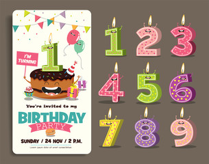 Wall Mural - Birthday Anniversary Numbers Candle with Funny Character & Birthday Party Invitation Card Template