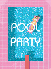 Wall Mural - Pool party poster template with sexy woman in bikini sunbathing. 80s retro vintage style vector illustration.