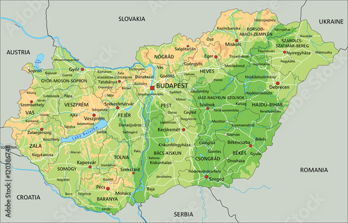 Cuadros en Lienzo High detailed Hungary physical map with labeling.