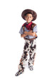 Little boy in cowboy costume on white background