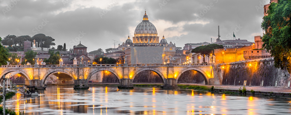 Rome and Vatican, cityscape at night, with St peter's basilica and bridge over the river Tiber - obrazy, fototapety, plakaty 