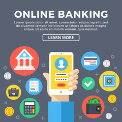 Poster - Online banking, e-banking concept. Manage bank account via mobile phone. Modern graphic objects, flat icons set. Flat design vector illustration