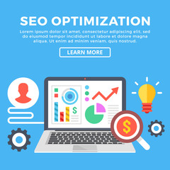 Poster - Seo optimization concept. Laptop with infographics on screen, magnifier, cogs, etc. Modern graphic objects, flat icons for web banners, web design, printed materials. Flat design vector illustration