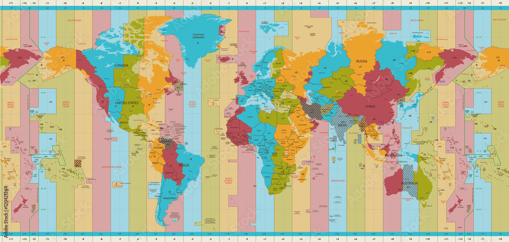 Detailed World map standard time zones Stock Vector | Adobe Stock