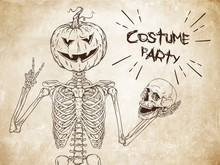 Human Skeleton With Halloween Pumpkin Instead Of Head Posing Over Old Grunge Paper Background Vector Illustration. Halloween Costume Party Flyer Design