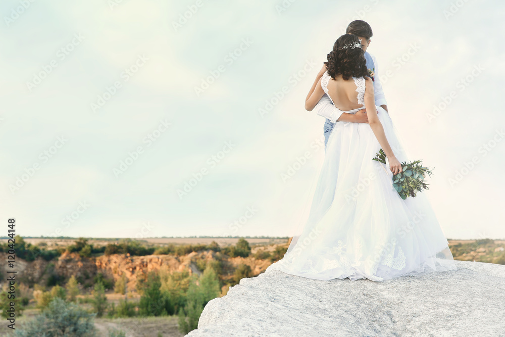 Bride and groom standing over beautiful landscape