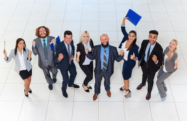 Wall Mural - Business People Group Successful Excited Team Top Angle View, Businesspeople Happy Smile With Raised Hands