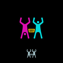 Silhouettes of two drunk, happy people and between bottle. Vector logo concept. Bar vector icon. Bar logo object. Bar and people icon graphic.