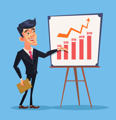 Business presentation. Successful businessman character. Business training. Vector flat cartoon illustration