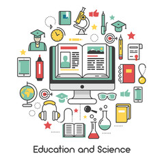 Fototapete - Education and Science Line Art Thin Vector Icons Set with Computer Microscope