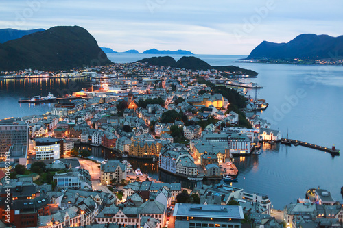 Beautiful super wide-angle summer aerial view of Alesund, Norway, with skyline a Canvas Print