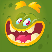 Cartoon Monster Face. Vector Halloween Green Monster Avatar With Wide Smile