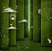 Conceptual Illustration Of Green Maze And Fantasy Objects